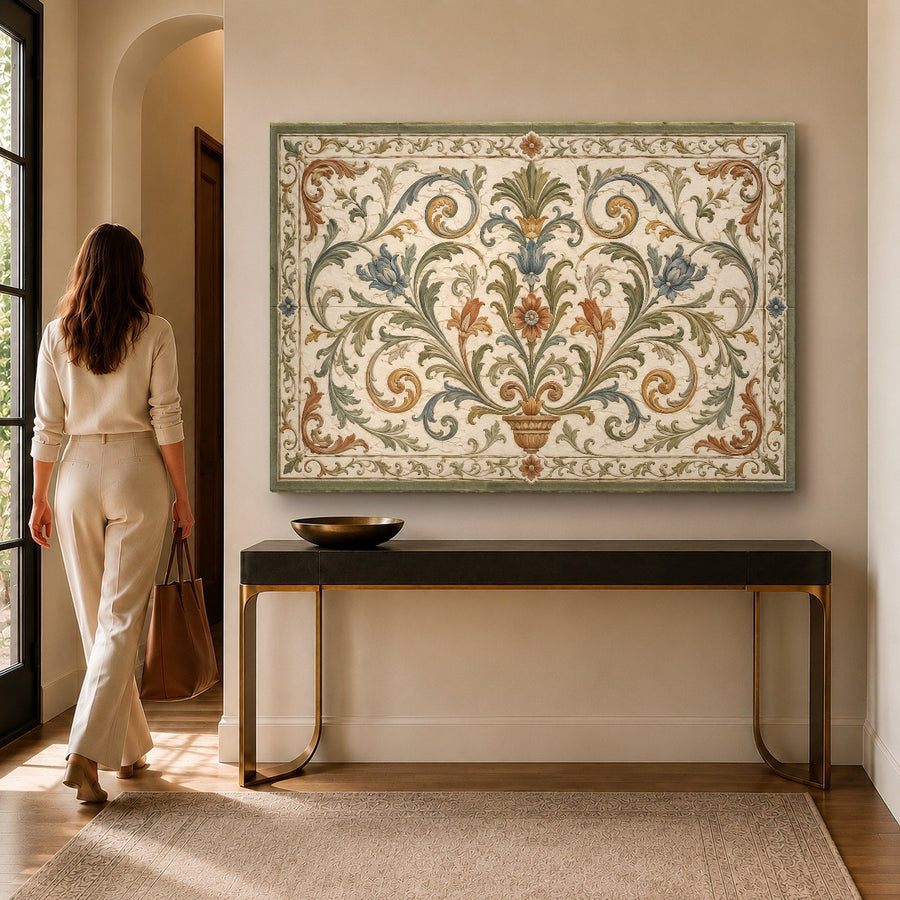 Turkish Iznik tile tempered glass print styled above a beige sofa in a bohemian-chic living room.