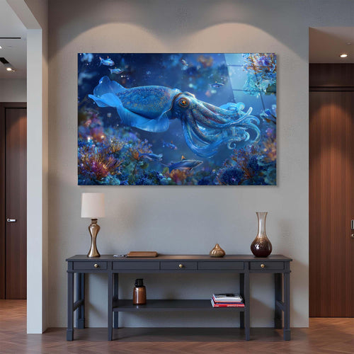 Blue squid in an underwater scene with colorful fish and coral