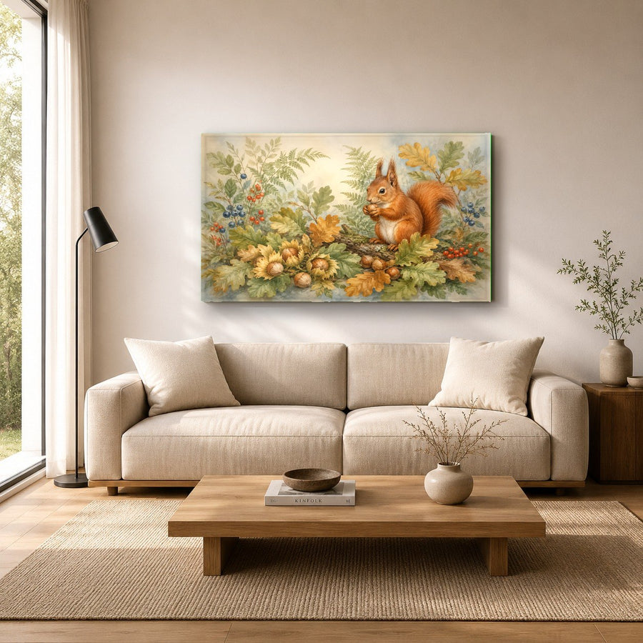 Cute squirrel wall art showcased in a bright country kitchen