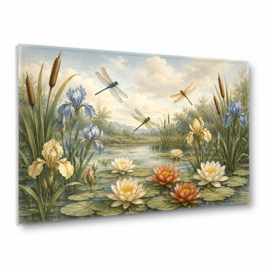 Wild dragonflies glass wall art hanging in a bright, modern living room above a velvet sofa