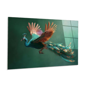 Flying Peacock Glass Wall Art | Teal, Emerald, Copper Tones