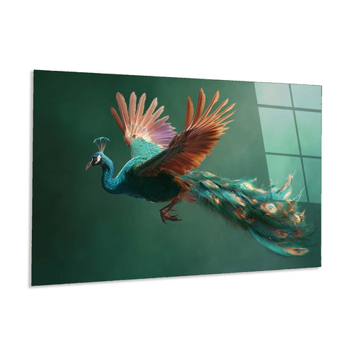 Peacock with vibrant feathers on a green background