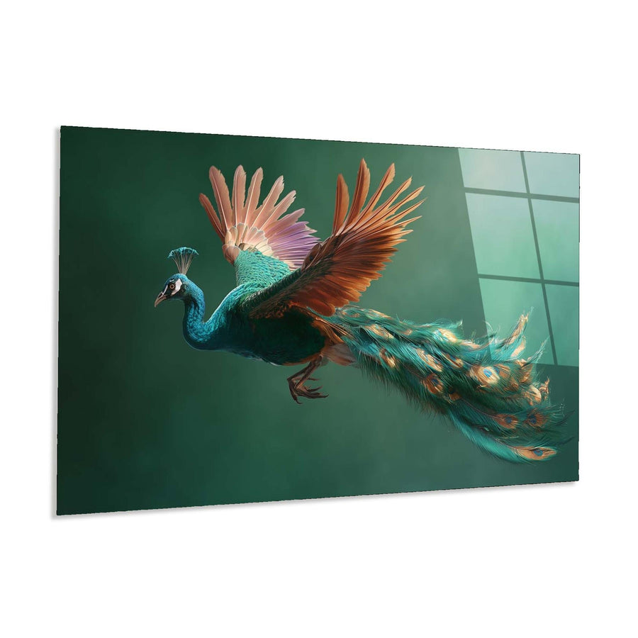 Peacock with vibrant feathers on a green background