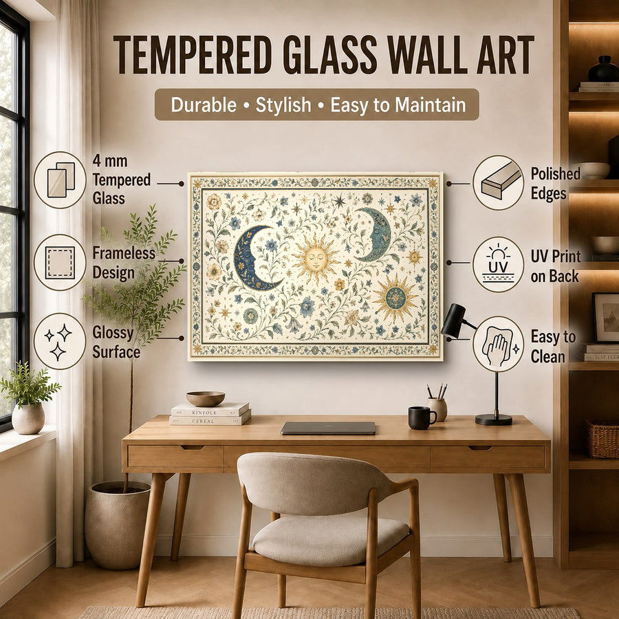 Close-up angle shot of celestial moon glass wall art showing the glossy finish and aluminum frame