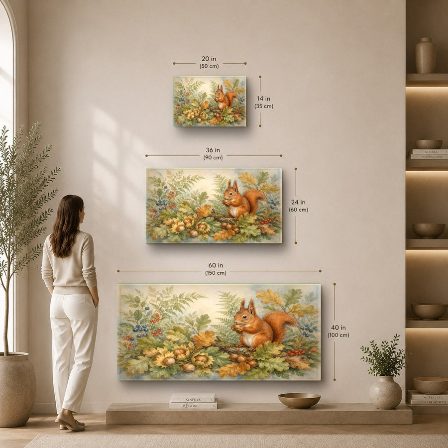 Large squirrel glass print displayed over a wooden dining table