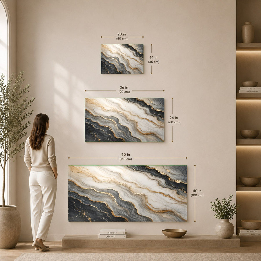 Marble Flow abstract glass wall decor styled above a mid-century modern credenza in an open-concept hallway.