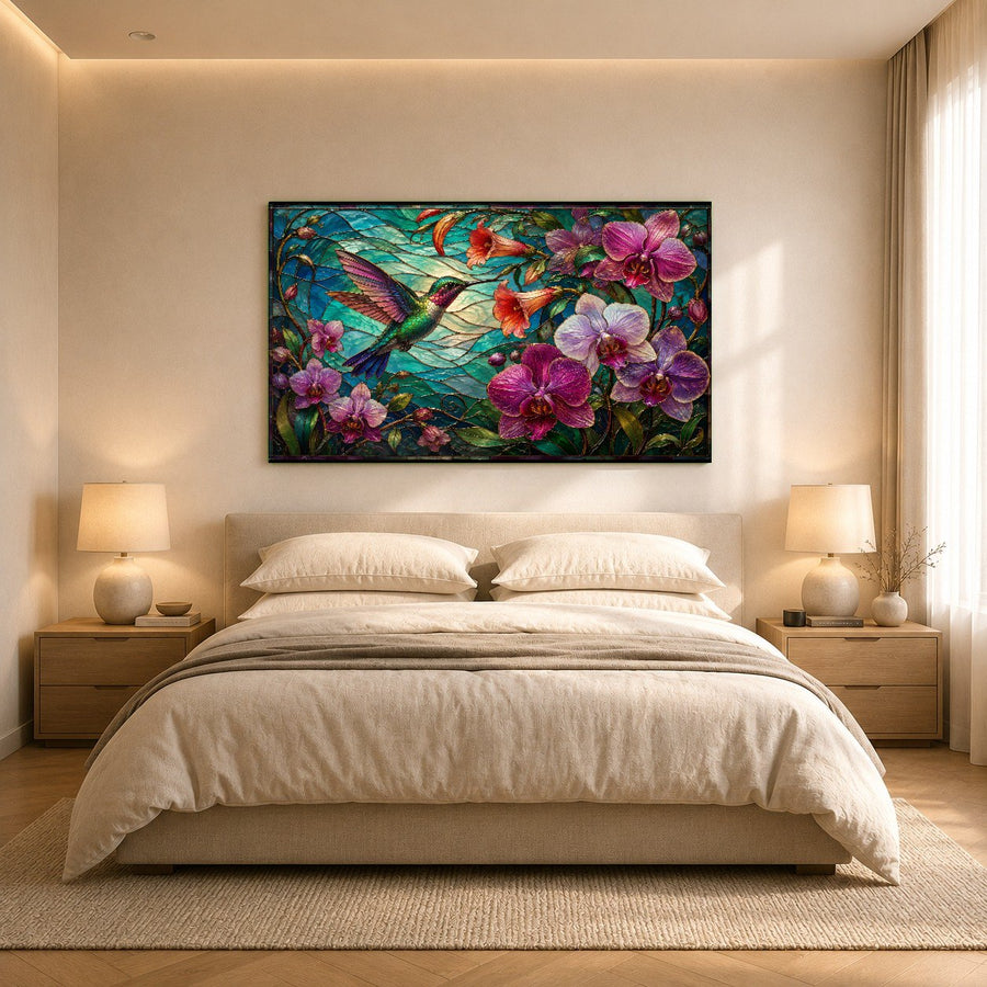 Large scale Orchid Hummingbird tempered glass art piece making a statement on a clean white gallery wall.