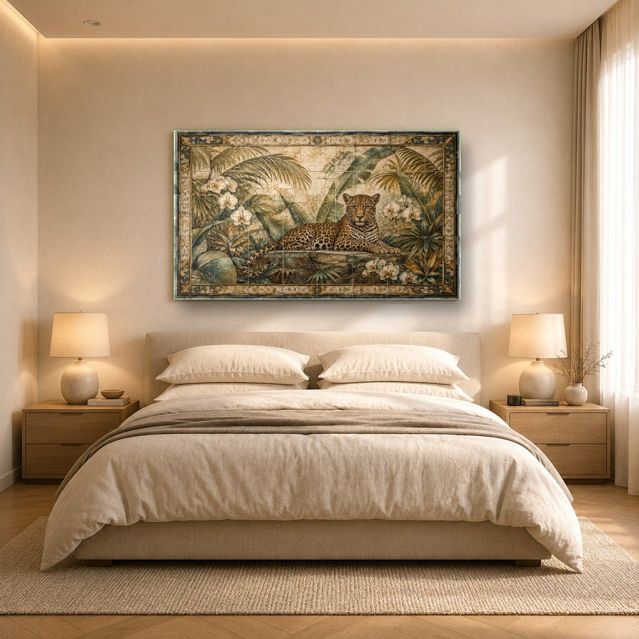 Jungle wall decor featuring a fierce leopard print in a contemporary hotel lobby
