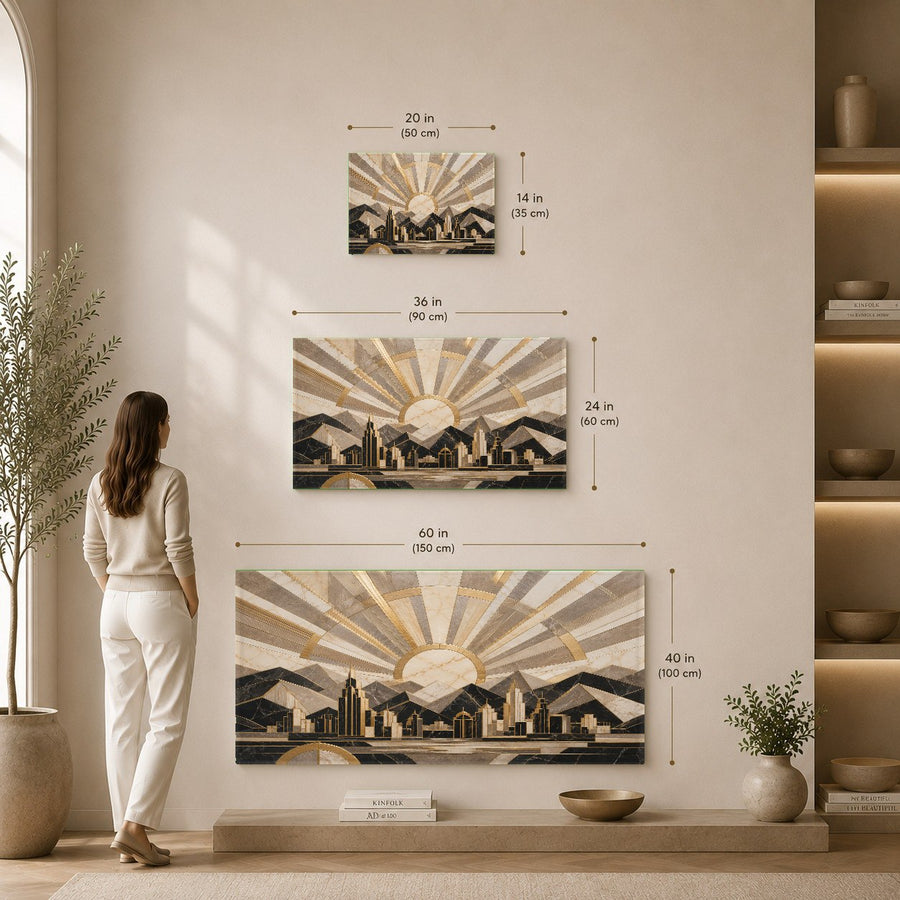 Vibrant Deco Horizon glass print adding a luxury touch to a mid-century modern hallway.