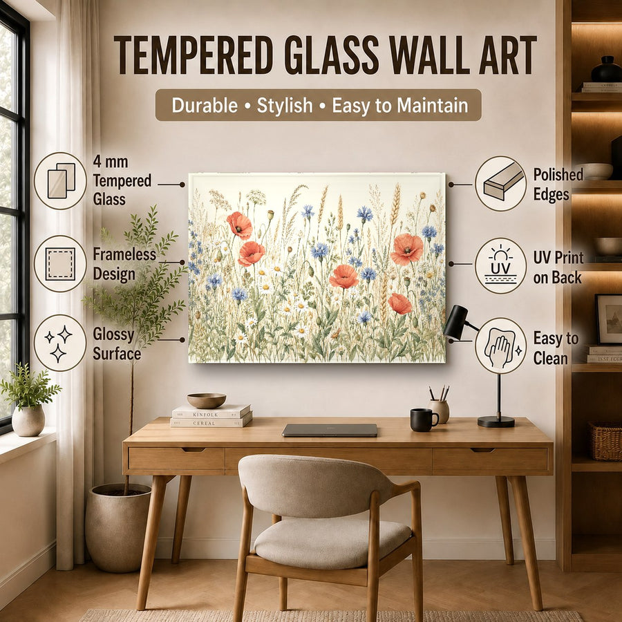 Wild flowers tempered glass wall art hanging in a chic dining room