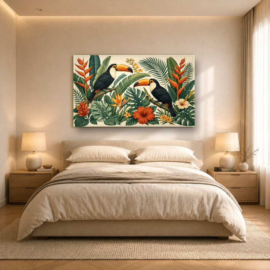 Tropical nature glass wall art styled in a bright minimalist hallway