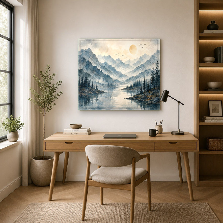 Misty Lake tempered glass print reflecting natural light in a spa-like bathroom next to a freestanding tub.