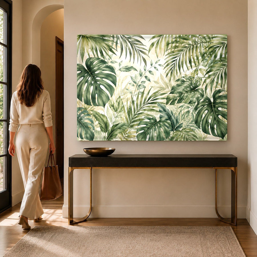 Close-up of botanical glass wall art in a minimalist bedroom, showing the glossy, light-reflective surface.