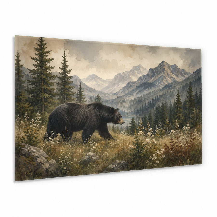 Black bear glass wall art hanging above a leather sofa in a rustic cabin living room.
