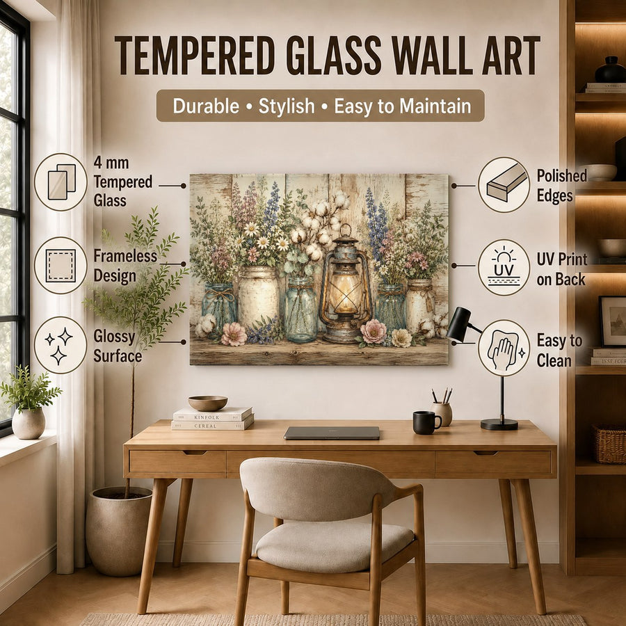 Tempered glass rustic landscape art displayed on a dark wood wall in a modern mountain lodge dining room.