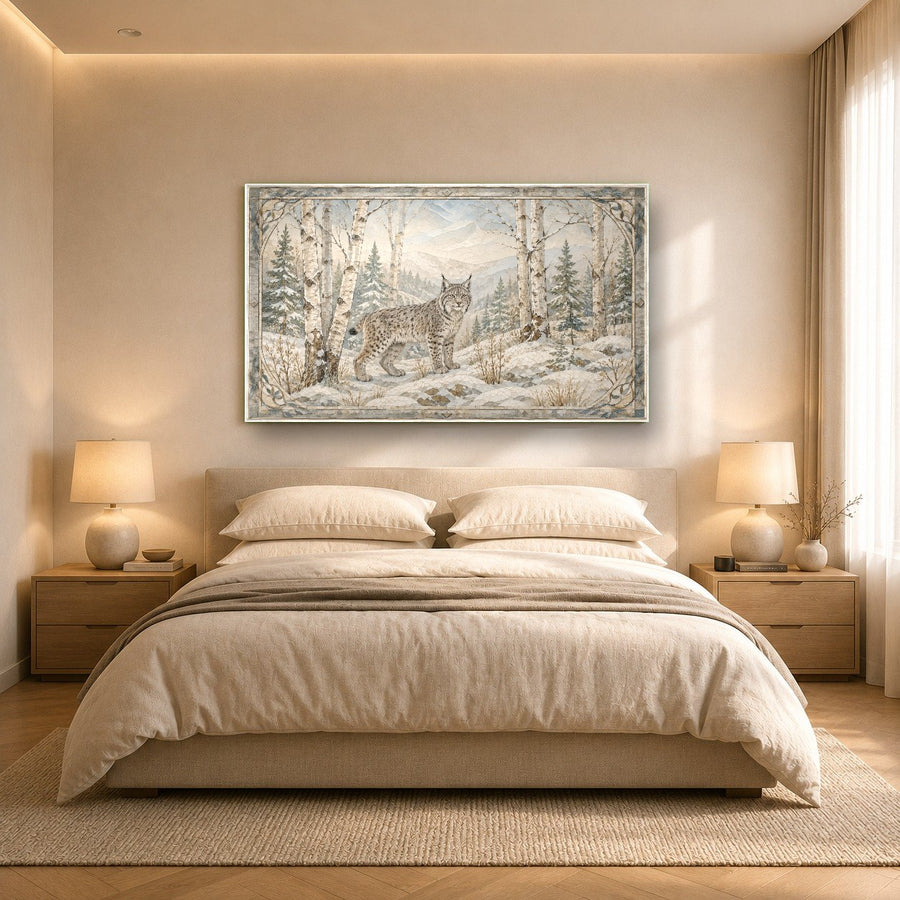 Snowy woodland fox art mounted on a neutral hallway wall with soft ambient lighting