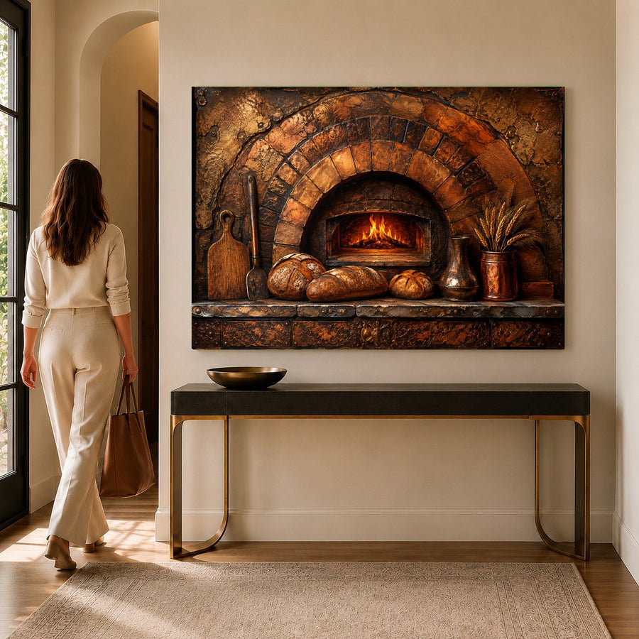 Vintage brick oven tempered glass print mounted on a tiled backsplash in a modern rustic kitchen.