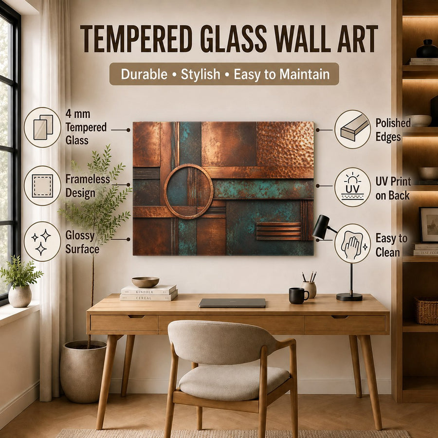Large format Patina Luxury glass wall art displayed in a sophisticated executive office setting