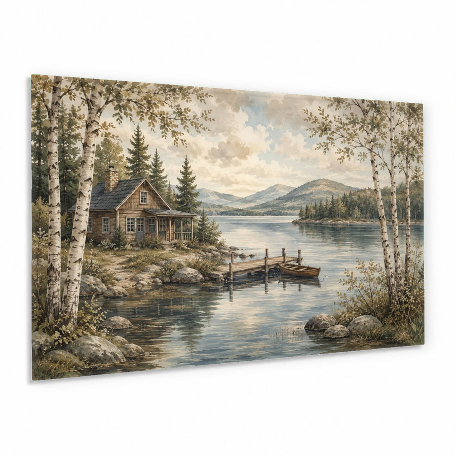 Serene Lake View glass wall art hanging above a beige fabric sofa in a modern minimalist living room.