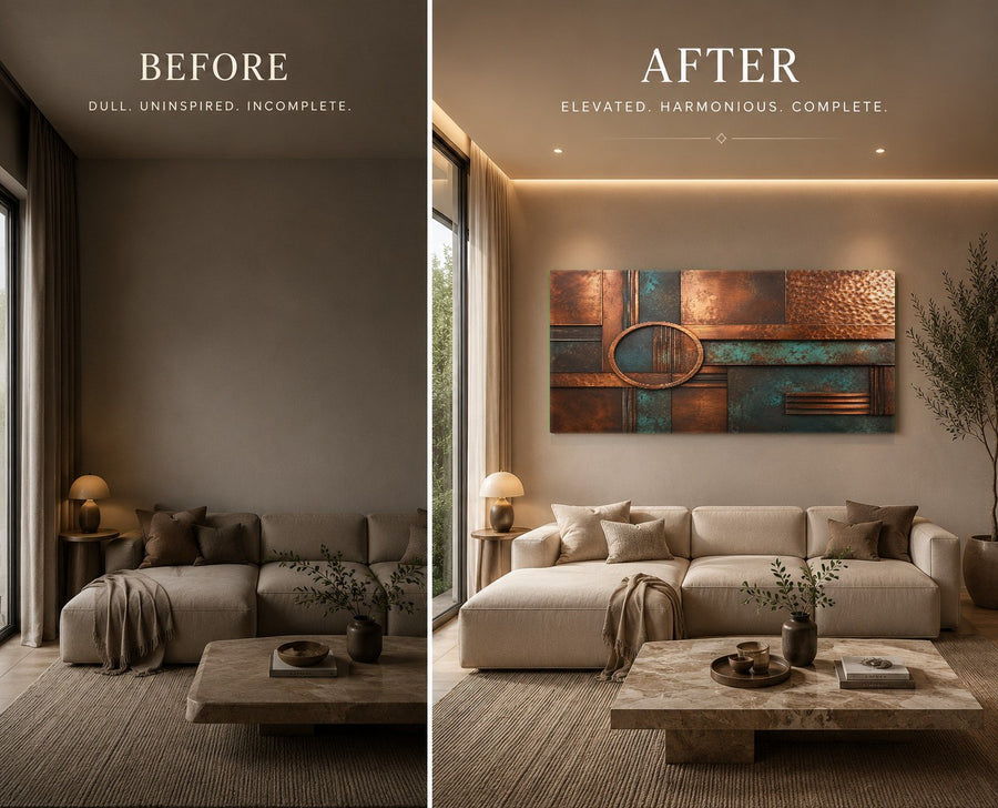 Modern bedroom interior featuring Patina Luxury glass wall art above a king-sized headboard