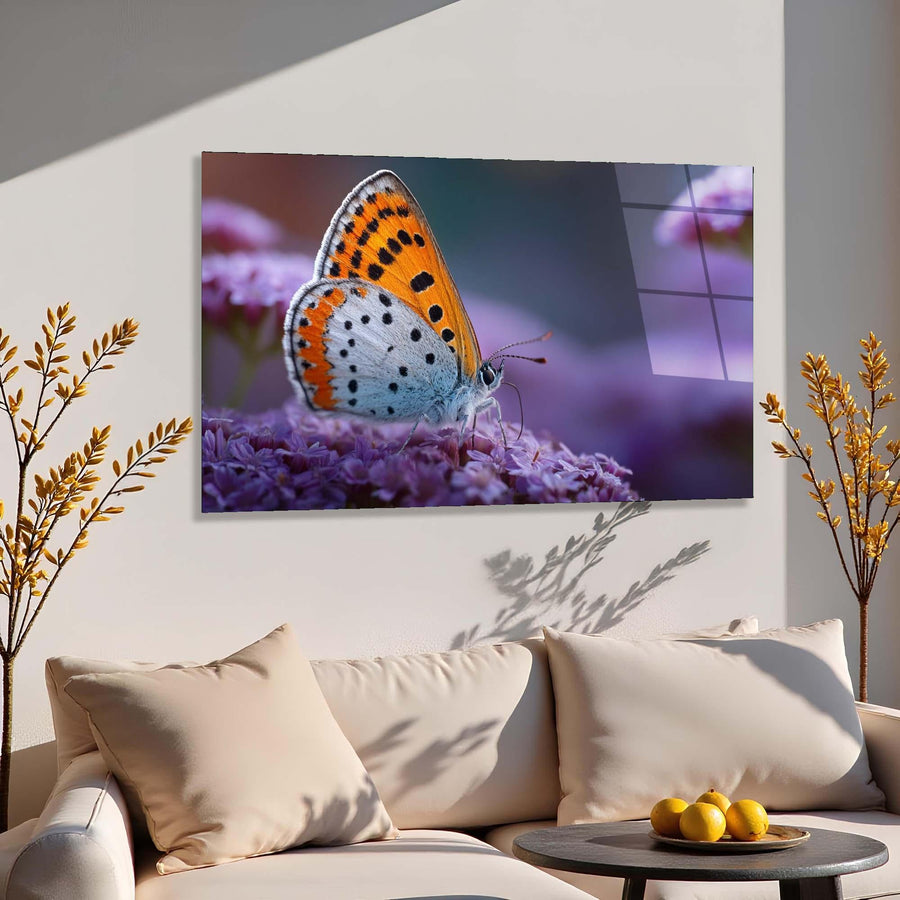 Butterfly on a flower displayed on a wall in a living room setting.