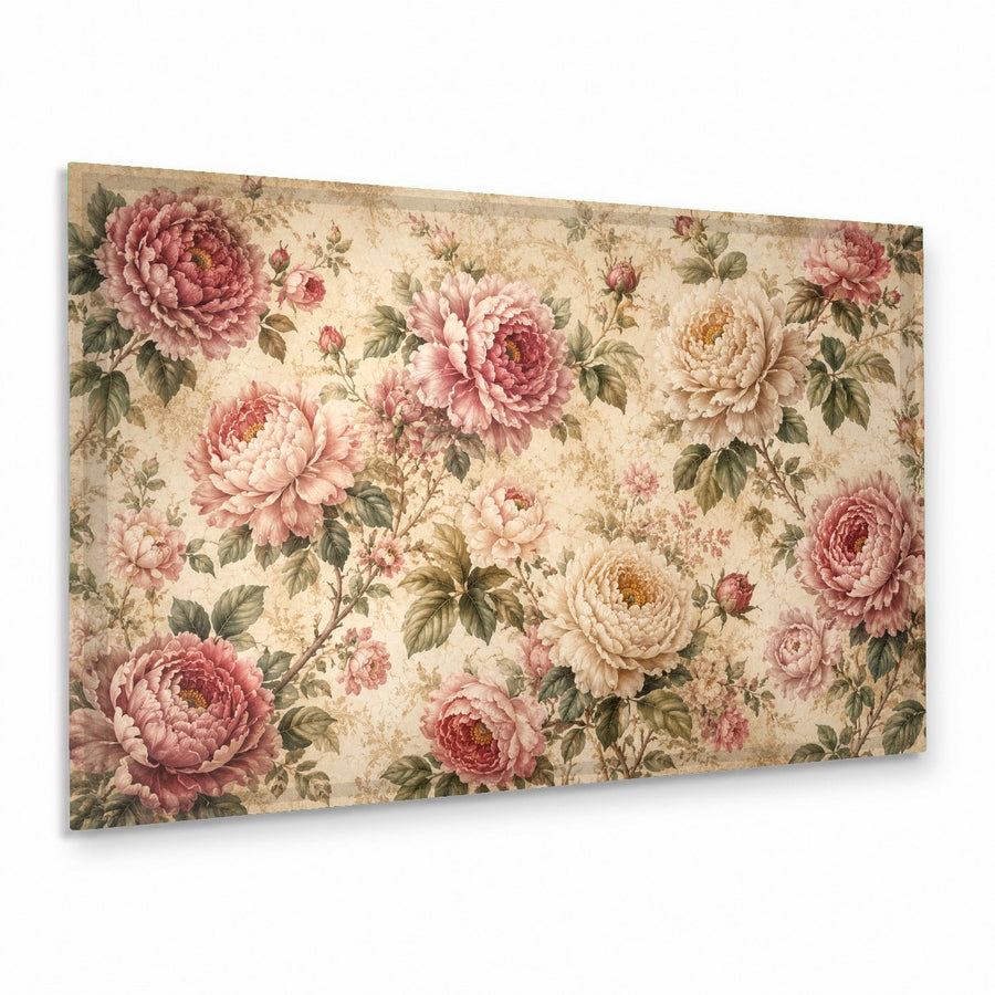 Vintage roses glass wall art hanging above a plush velvet sofa in a moody, classical living room.