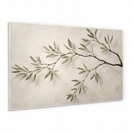Green leaves tempered glass wall art hanging above a beige fabric sofa in a sunlit, modern living room.