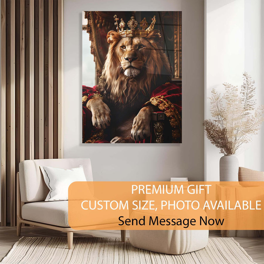 Decorative wall art of a lion with a crown in a living room setting.