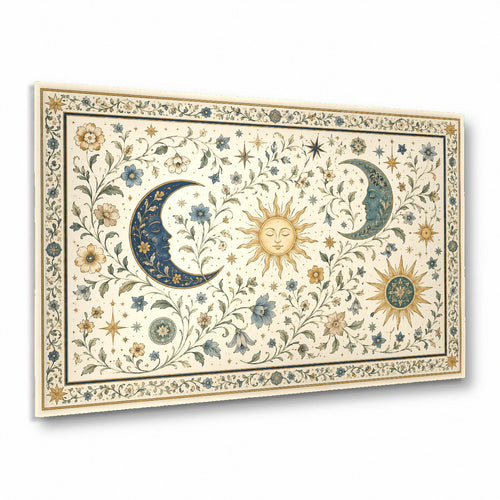 Celestial moon glass wall art hanging in a modern dark-toned bedroom above a king bed