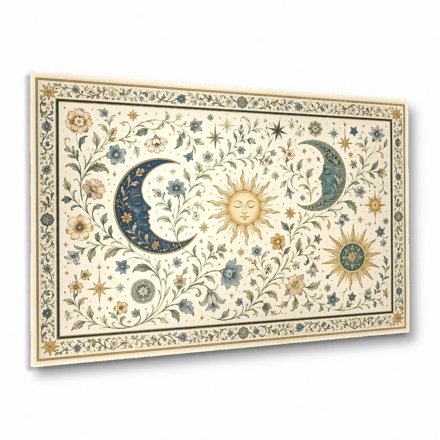 Celestial moon glass wall art hanging in a modern dark-toned bedroom above a king bed
