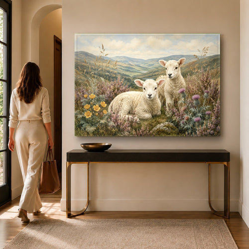 Lambs glass wall art hanging above a rustic wooden console table in a living room