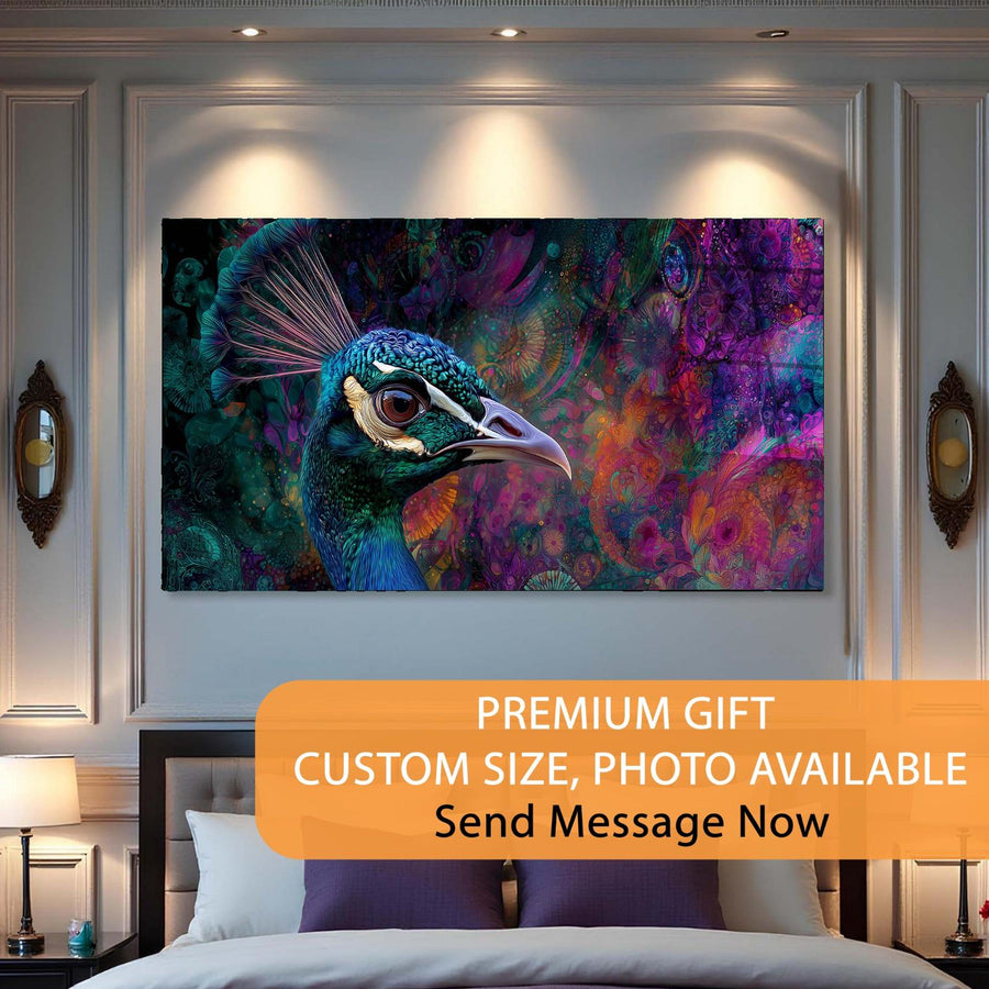 Colorful peacock painting on a wall above a bed in a bedroom setting.