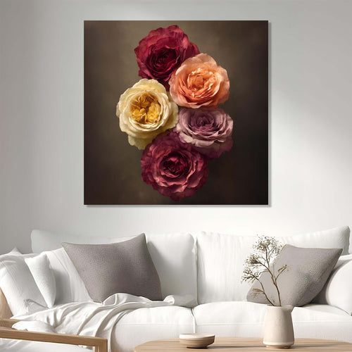 Five roses in various colors on a dark background