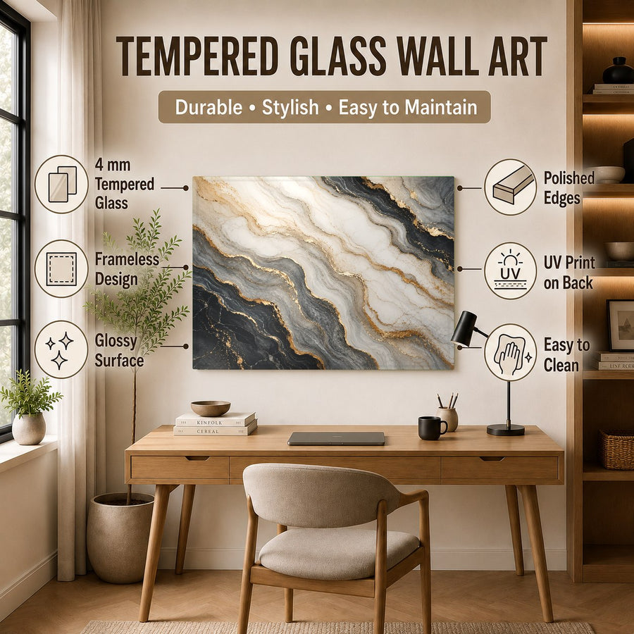 An upscale dining room showcasing the vibrant colors of the Marble Flow glass print in a gold frame.