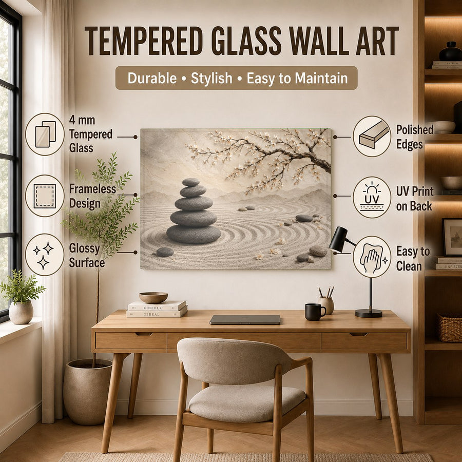Modern floral glass wall hanging styled above a wooden desk in a quiet, sunlit home office.