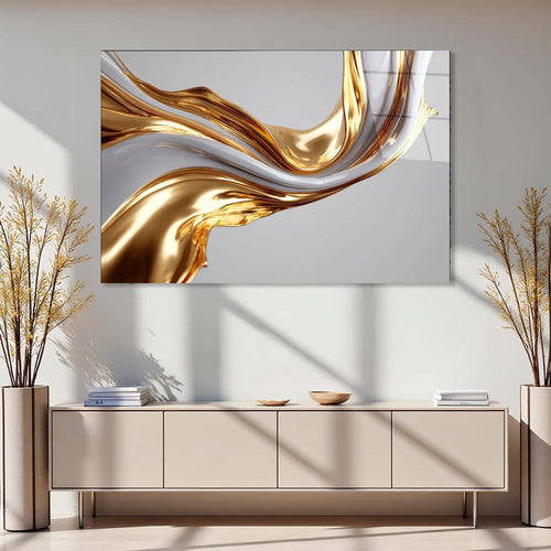 Abstract design with gold and silver wavy patterns on a white background