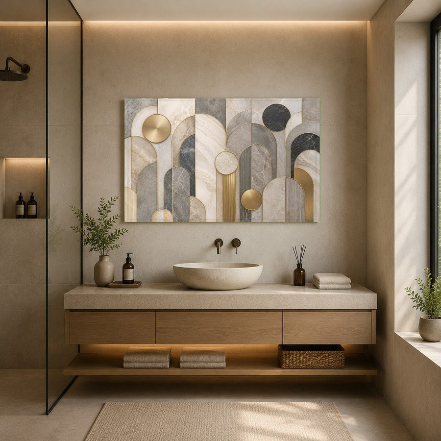 Minimalist marble and gold arch glass artwork enhancing the wall of a stylish mid-century modern home office.