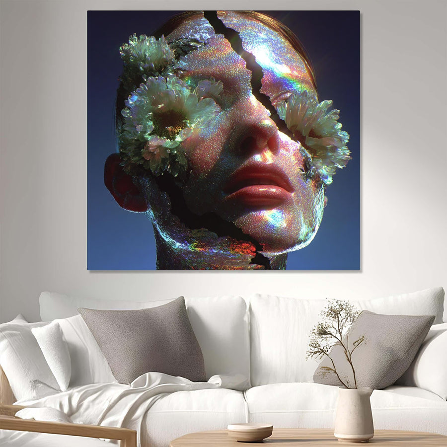 Abstract artwork of a face with floral elements on a wall above a white sofa.