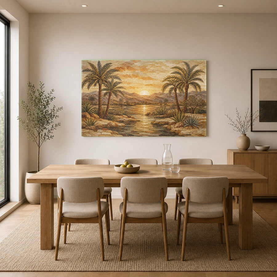 The radiant gold and terracotta sunrise wall decor mounted above a minimalist console table in a hallway.