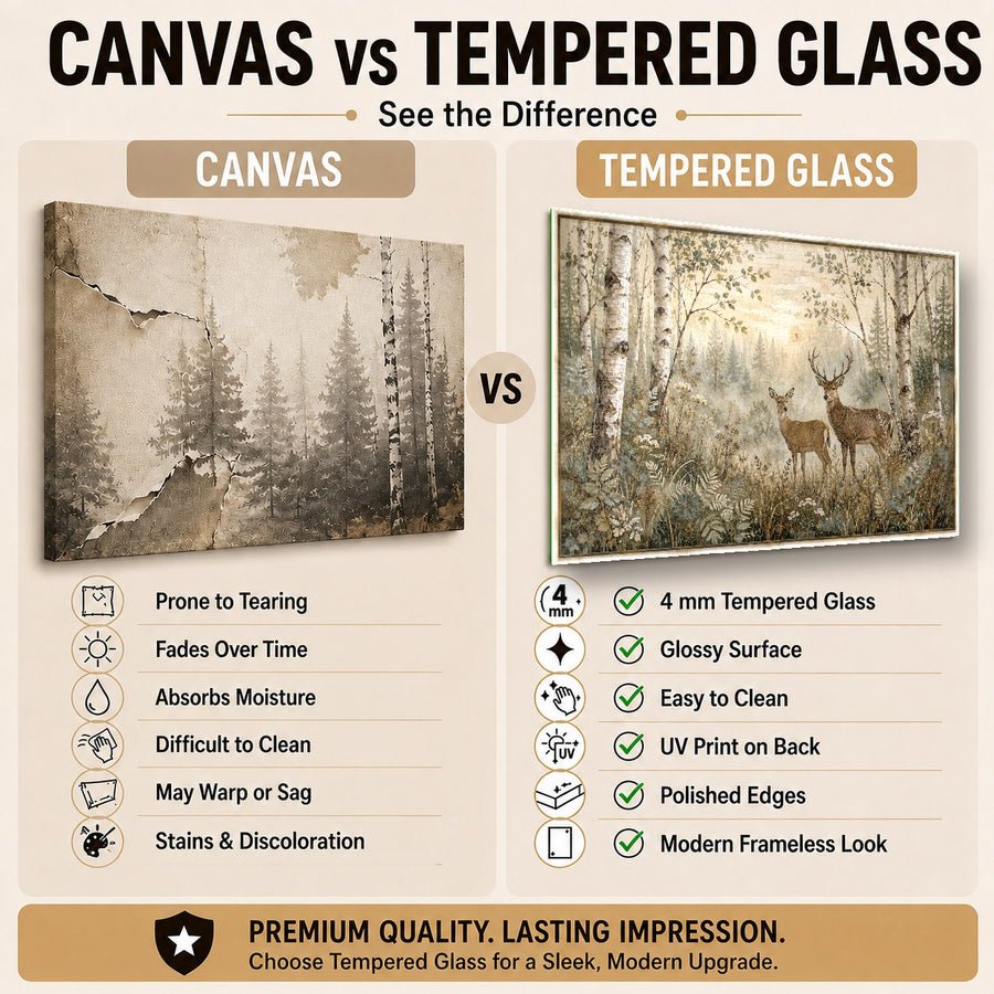 Nature themed glass art hanging in a bright home office with warm lighting