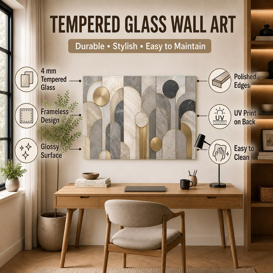 Sophisticated geometric glass wall art with gold accents displayed in a bright, sunlit dining room setup.