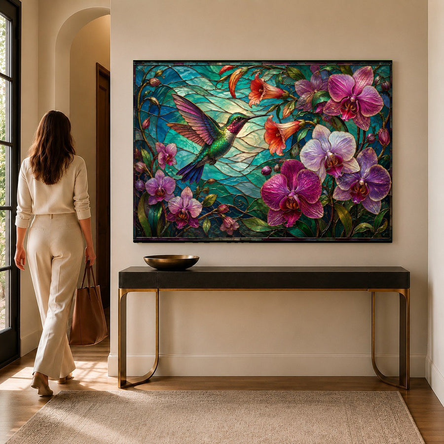 Vibrant hummingbird and orchid tempered glass print displayed on a dark grey accent wall in a contemporary office.