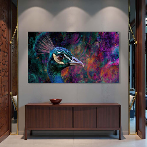 Colorful abstract painting of a peacock head on a white background