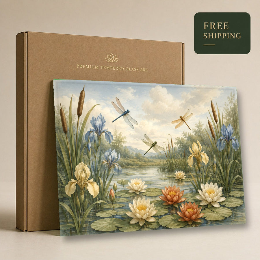 Nature glass print of dragonflies featured in an upscale spa relaxation room