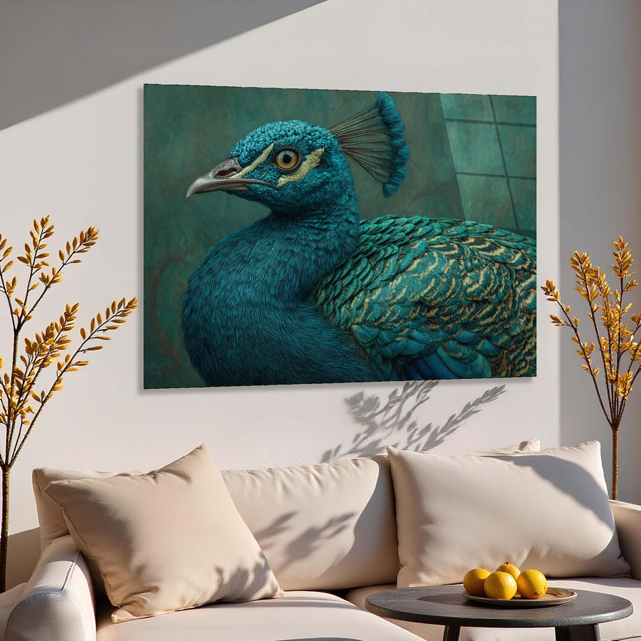 Peacock painting on a wall above a sofa with decorative elements.