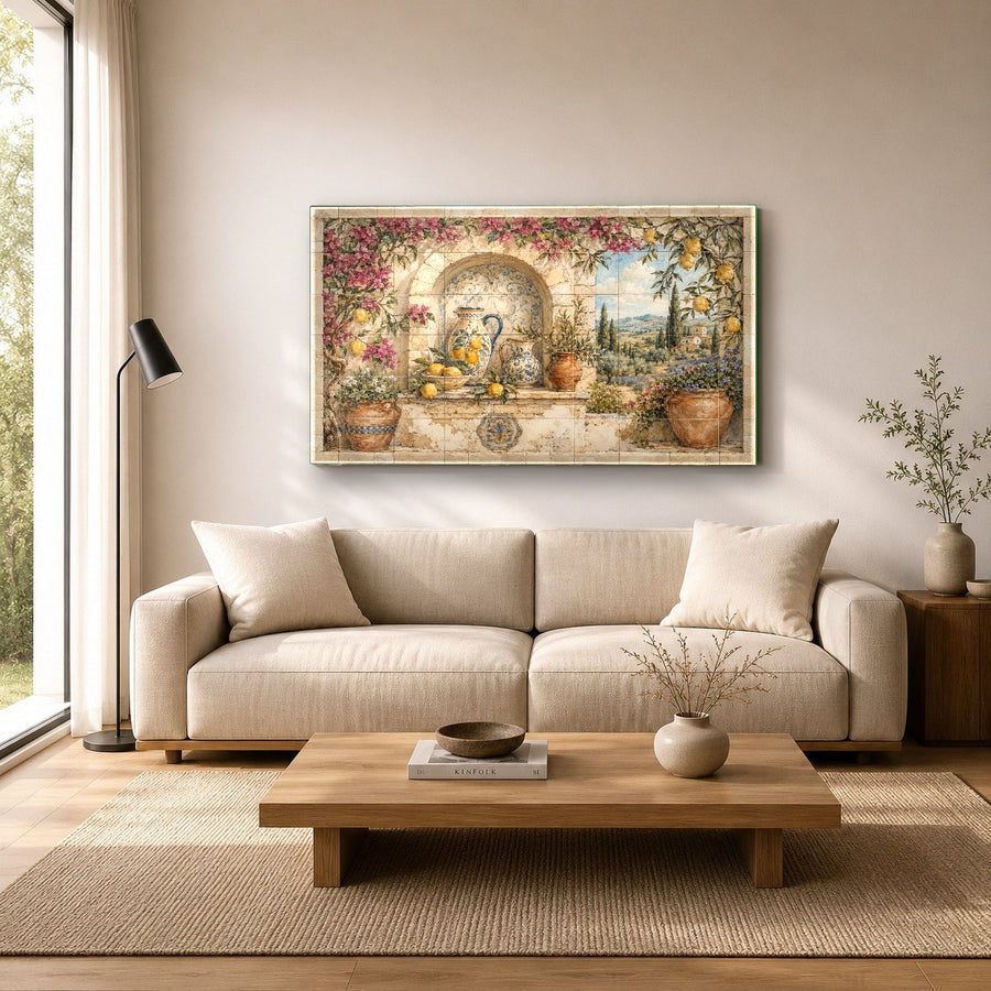 Luminous botanical art piece featuring lemons and green leaves on a luxury kitchen backsplash mockup.