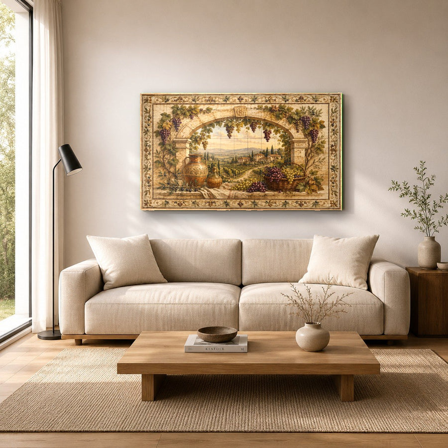 Sun-drenched villa glass print displayed in a quiet home office with wooden furniture