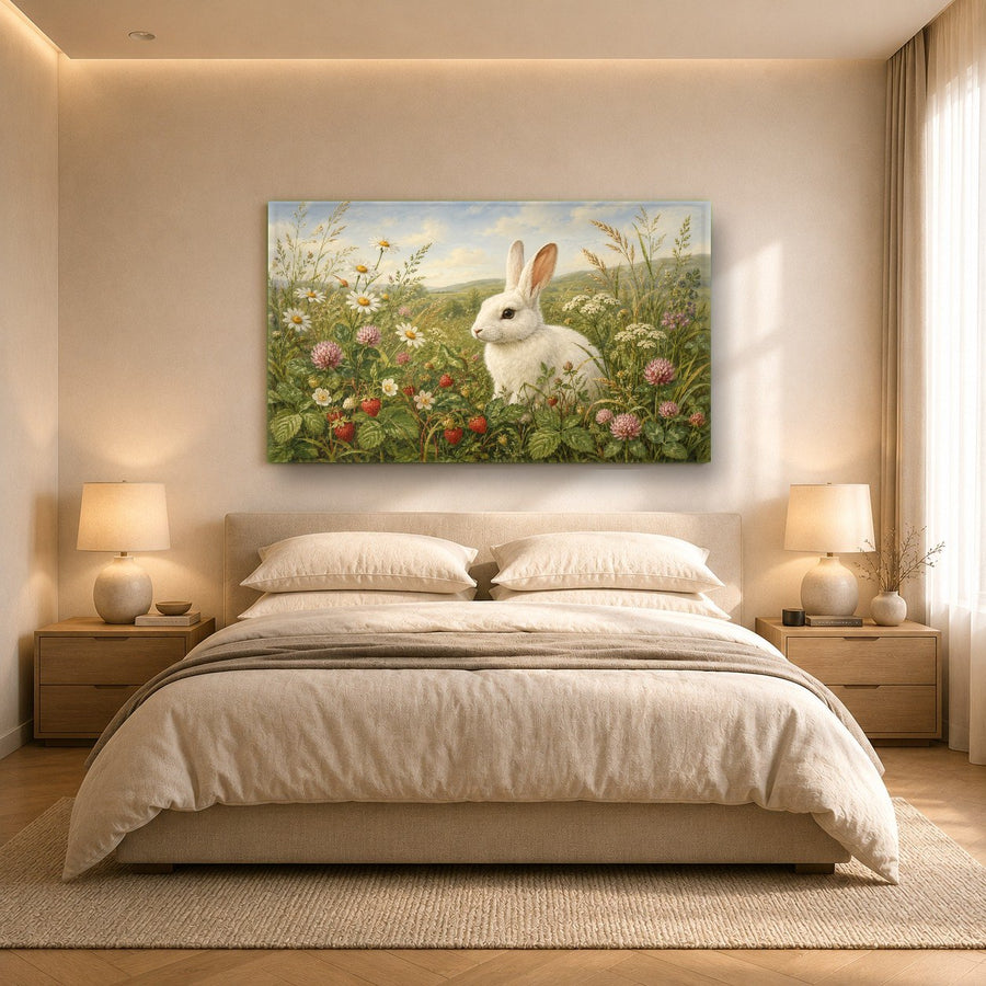 Large format bunny art printed on tempered glass in an upscale apartment setting