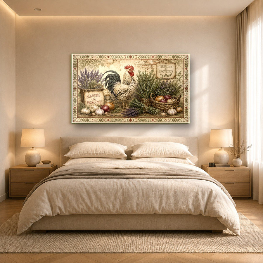 French country rooster glass wall decor styled in an upscale farmhouse entryway