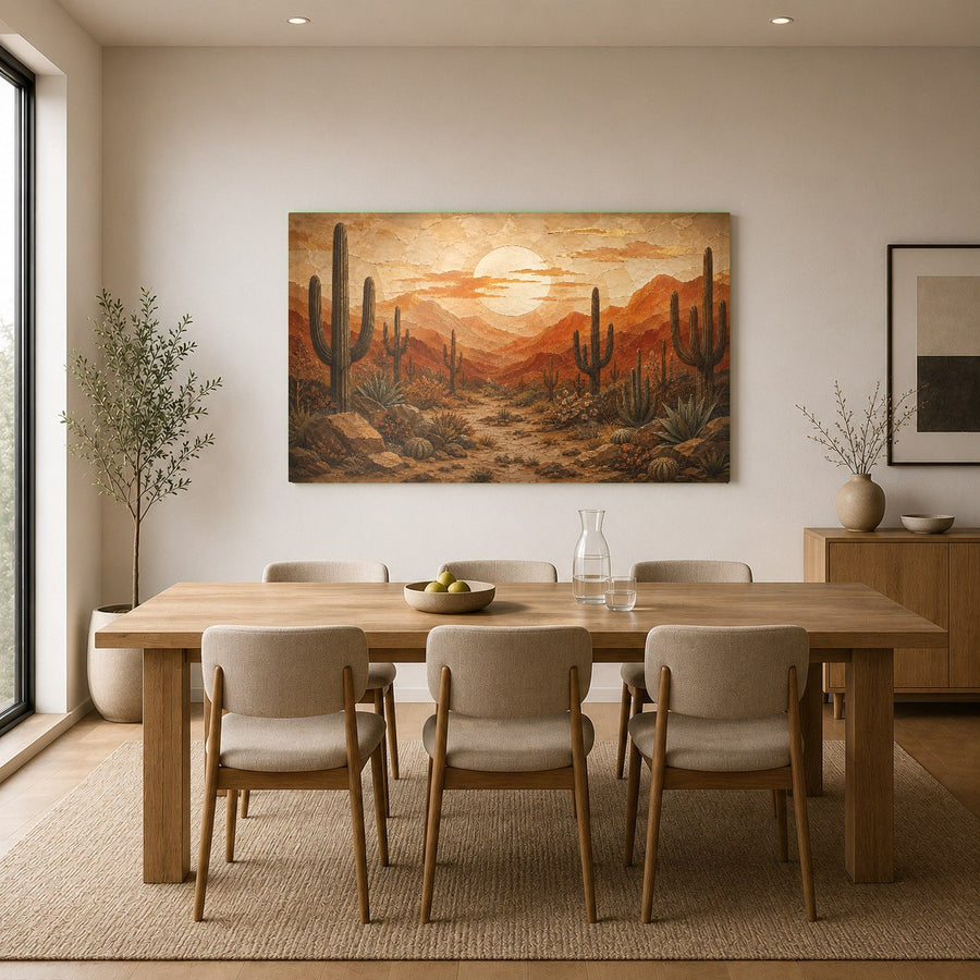 Beautiful desert sunset artwork on glass hanging in a luxury hotel suite living area with warm accent lighting.